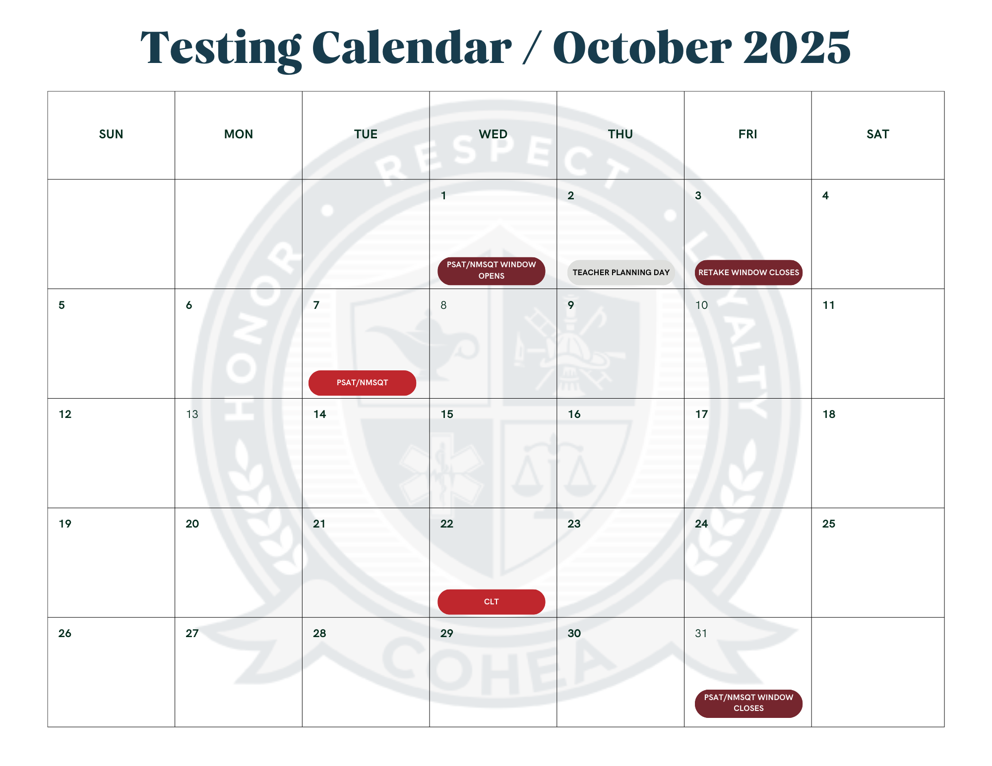 October Testing Calendar