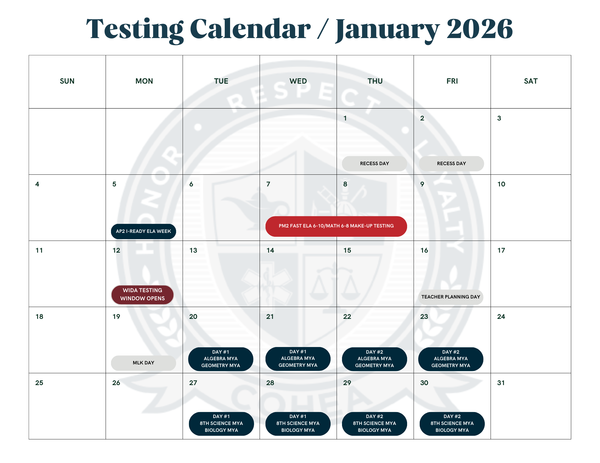 JANUARY TESTING CALENDAR