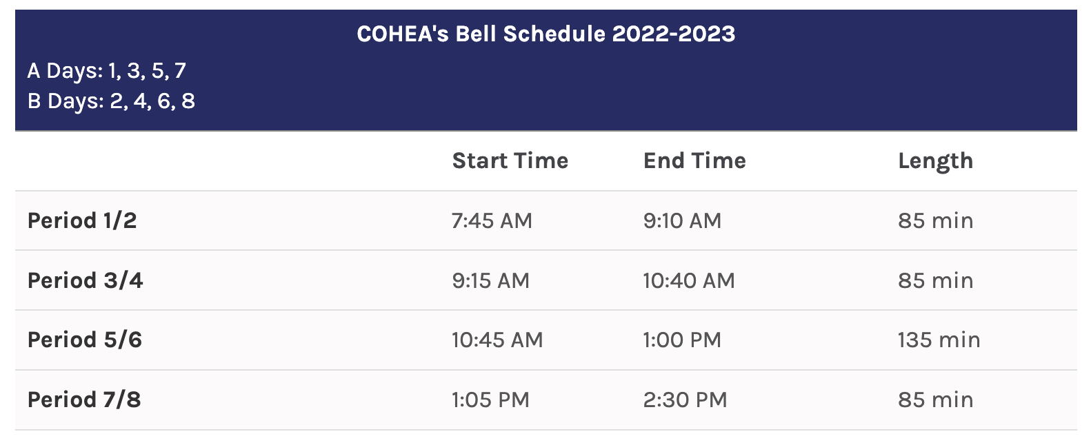 Bell Schedules at COHEA Academy